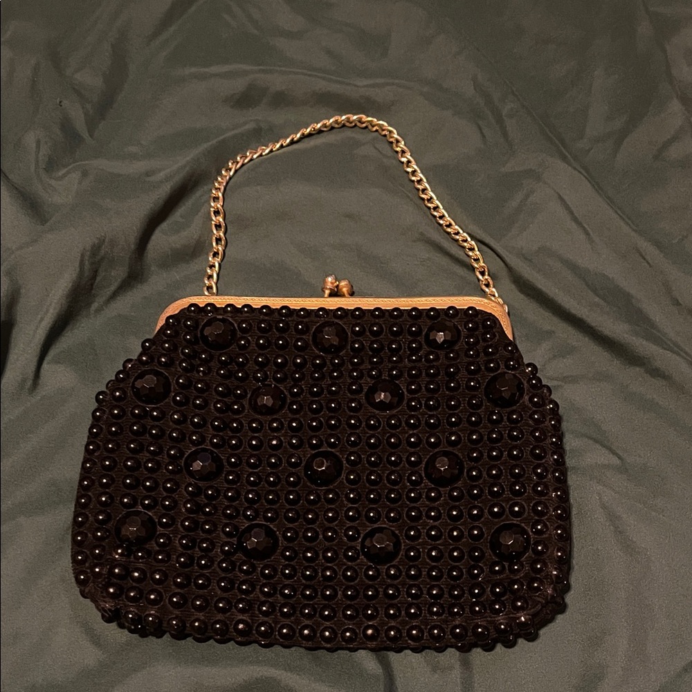 Chic Black Beaded Clutch with Gold Chain